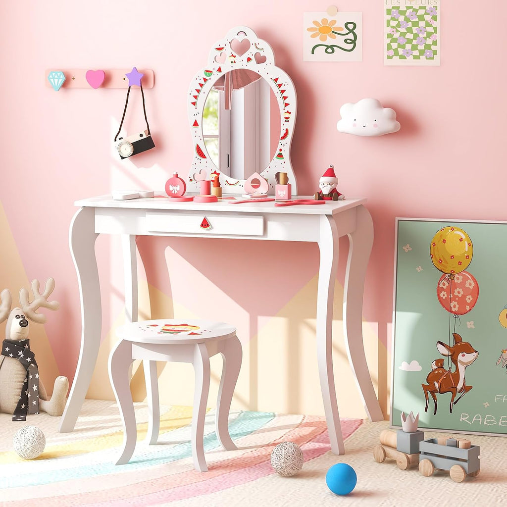Costzon Kids Vanity, Girls Vanity Set with Mirror and Stool, Storage Drawer, Princess Toddler Makeup Vanity Desk Dressing Table, Wooden Kids Vanity Table and Chair Set (Fruit Pattern)
