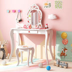 Costzon Kids Vanity, Girls Vanity Set with Mirror and Stool, Storage Drawer, Princess Toddler Makeup Vanity Desk Dressing Table, Wooden Kids Vanity Table and Chair Set (Fruit Pattern)