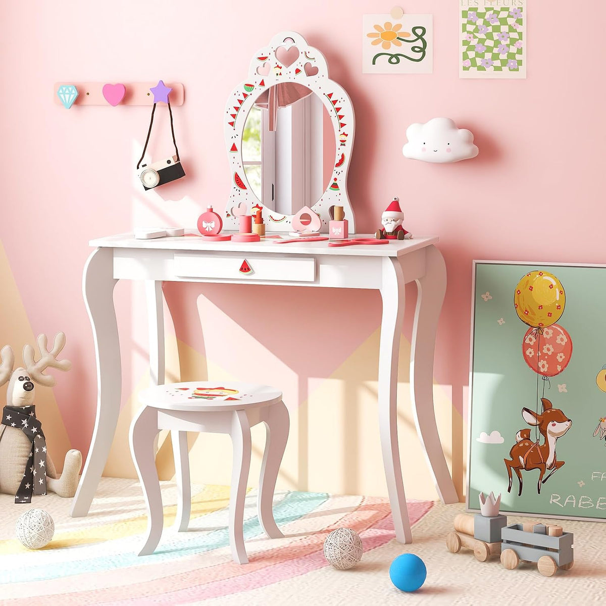 Costzon Kids Vanity, Girls Vanity Set with Mirror and Stool, Storage Drawer, Princess Toddler Makeup Vanity Desk Dressing Table, Wooden Kids Vanity Table and Chair Set (Fruit Pattern)