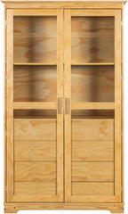 Freestanding pantry organizer armoire solid pine wood, glass double doors, four sliding drawers, adjustable shelf, kitchen hutch for dining area, office, living room display cupboard (Natural)