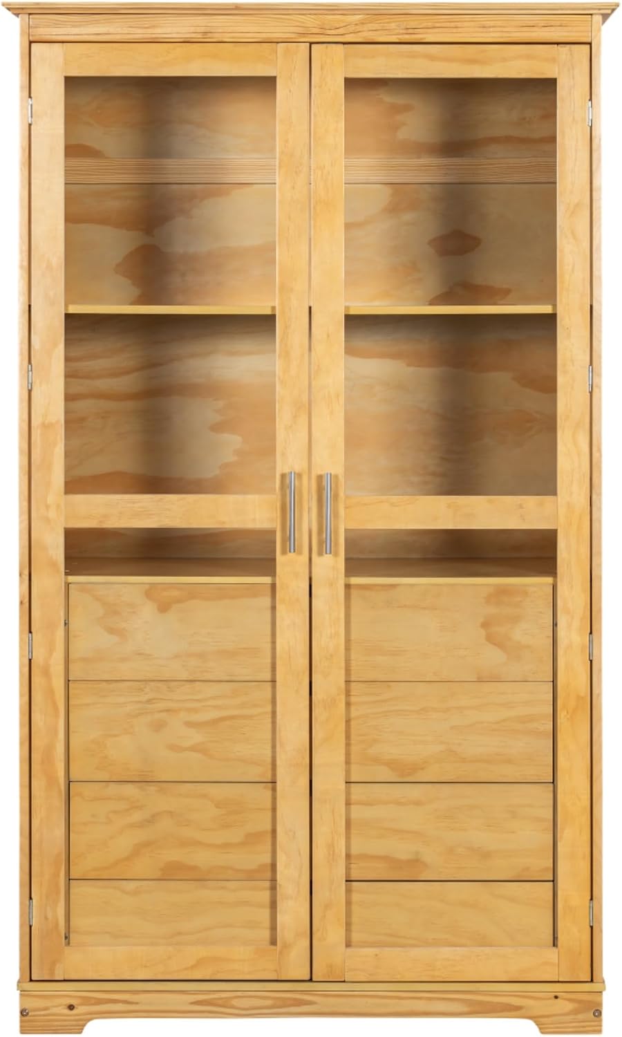 Freestanding pantry organizer armoire solid pine wood, glass double doors, four sliding drawers, adjustable shelf, kitchen hutch for dining area, office, living room display cupboard (Natural)