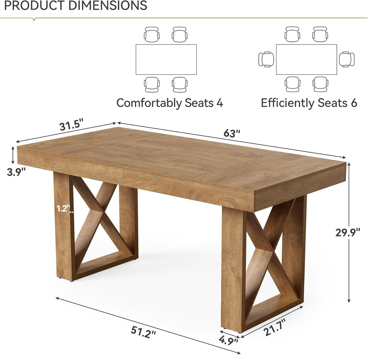 LITTLE TREE 63-Inch Dining Table for 4 People, Farmhouse Thick Appearance Design, Rustic Rectangle Kitchen Dinner Table for Dining Room, Living Room, Yellowish Brown