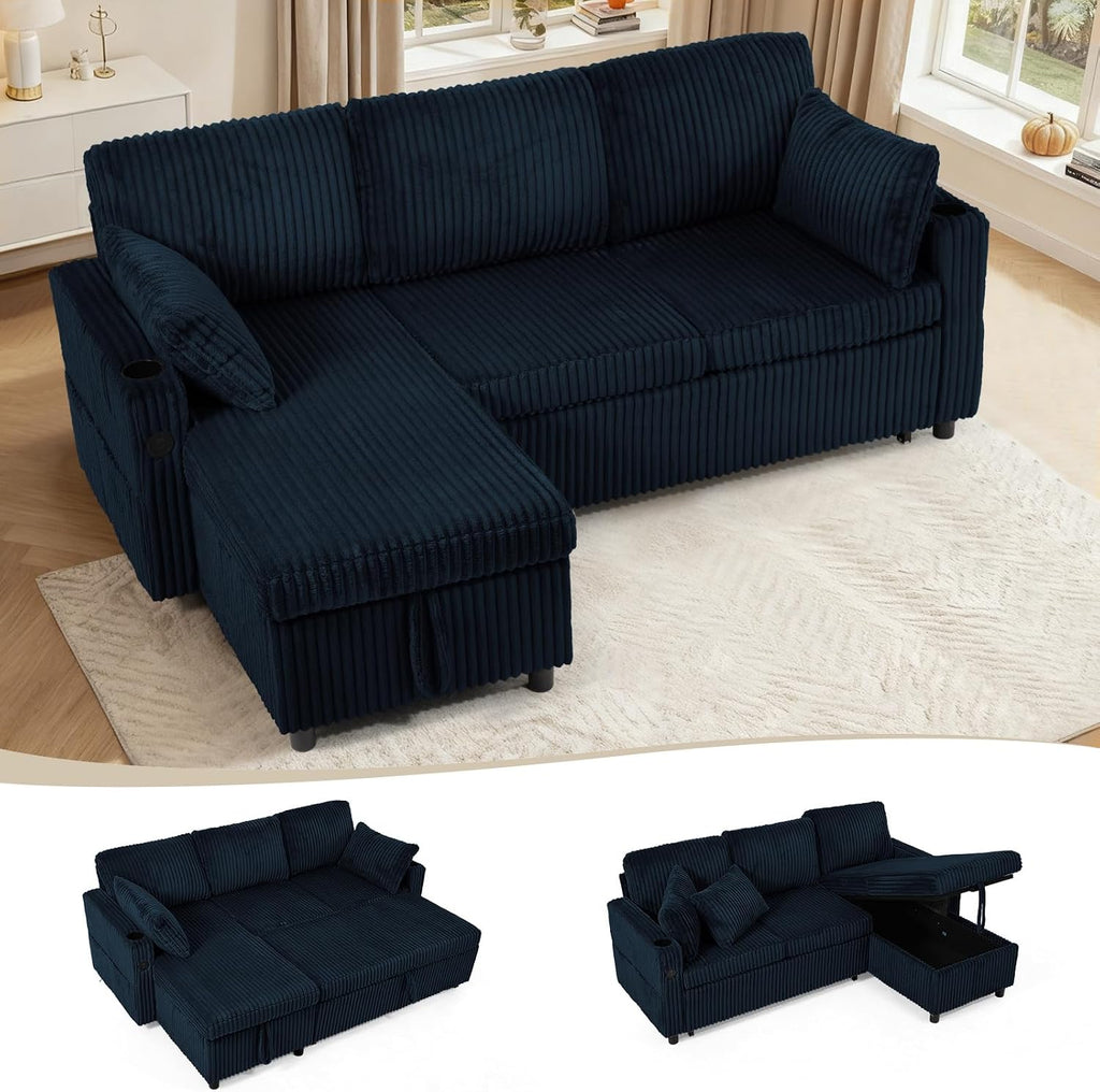 84" Corduroy Pull Out Sofa Bed w/Adjustable Backrests, Blue