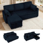 84" Corduroy Pull Out Sofa Bed w/Adjustable Backrests, Blue