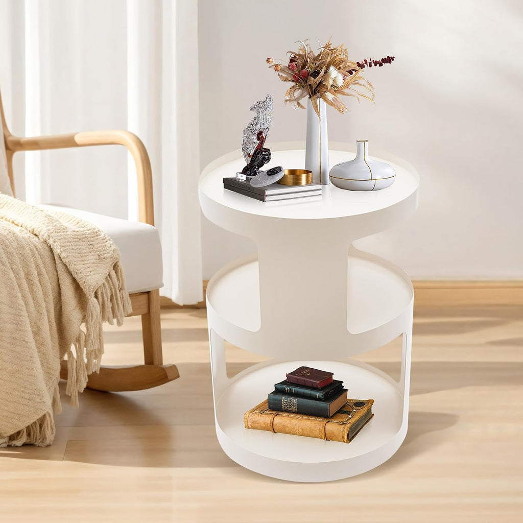 Bed Side Table, Round End Table Metal Small Bedside Table, Modern Nightstand Small Accent Table No Assembly Required Drink Tables for Living Room, Bedroom, Office, Entryway (White)