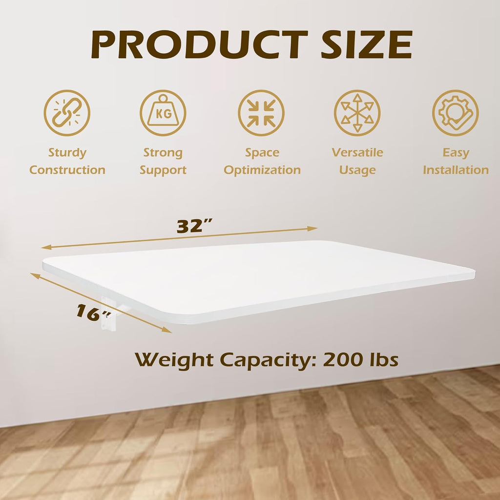 Laundry Folding Table, 32'' x 16'' Wooden Wall Mount Desk, Laundry Table for Folding Clothes, White, 32'' Length