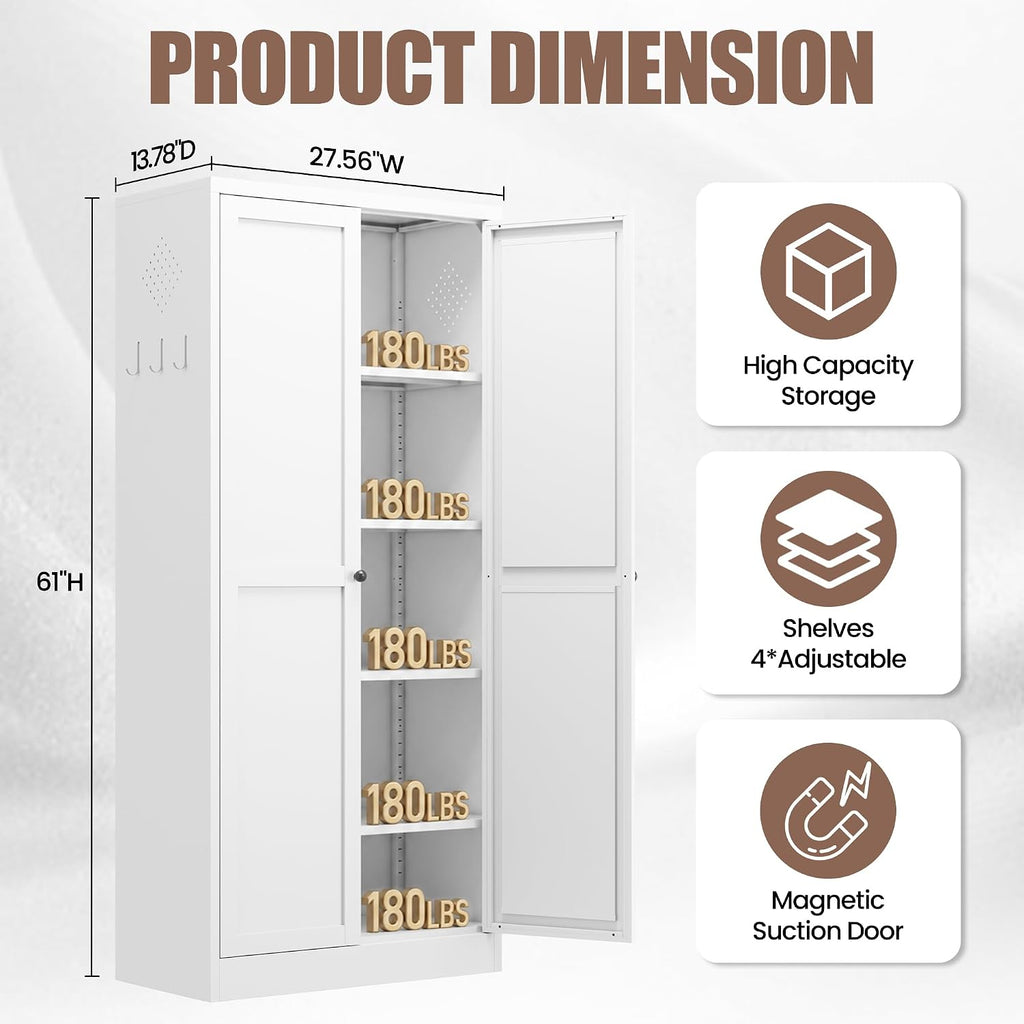 Metal Pantry Cabinet, Kitchen Pantry Storage Cabinets | with Doors and 4 Shelves, White Kitchen Pantry Cabinet for Home Office Living Room