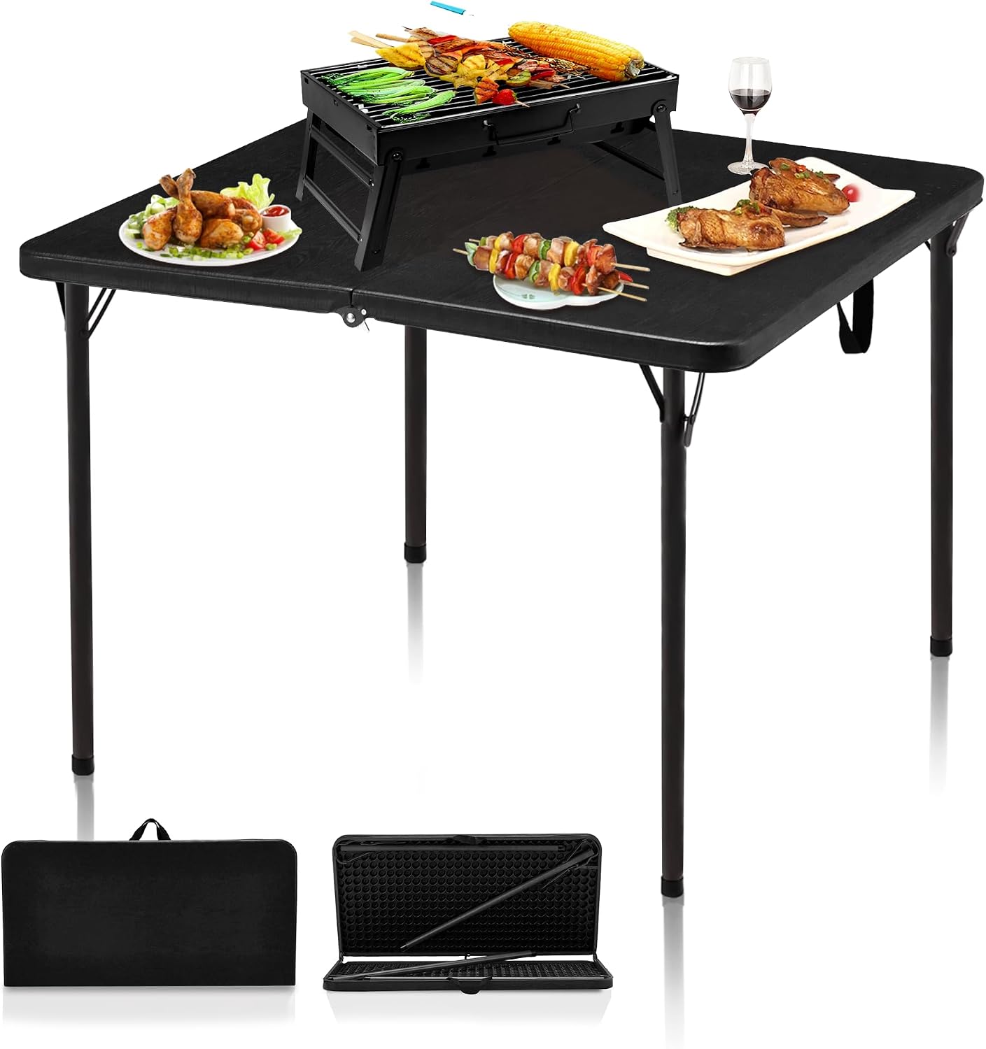 34" Folding Table, Portable Square Camping Card Table with Collapsible Legs & Carrying Handle, Plastic Tables for Outdoor Cooking,Camping,Picnic, Office, Party,Black