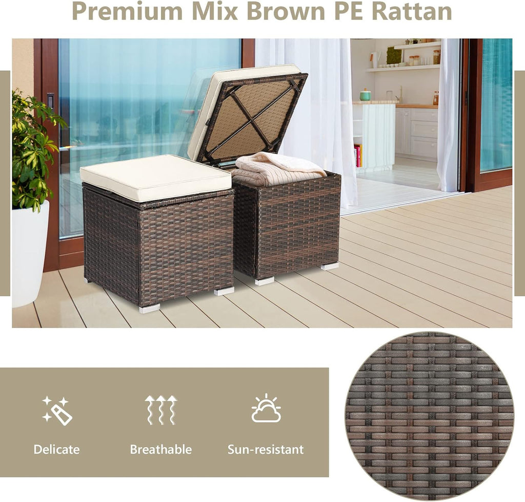 ORALNER 16" Outdoor Ottoman, Set of 2 Wicker Ottoman with Storage, All-Weather Rattan Cube Footstool w/Removable Cushions, Square Foot Rest Seating for Patio, Porch, Deck, Easy Assembly (Cream)