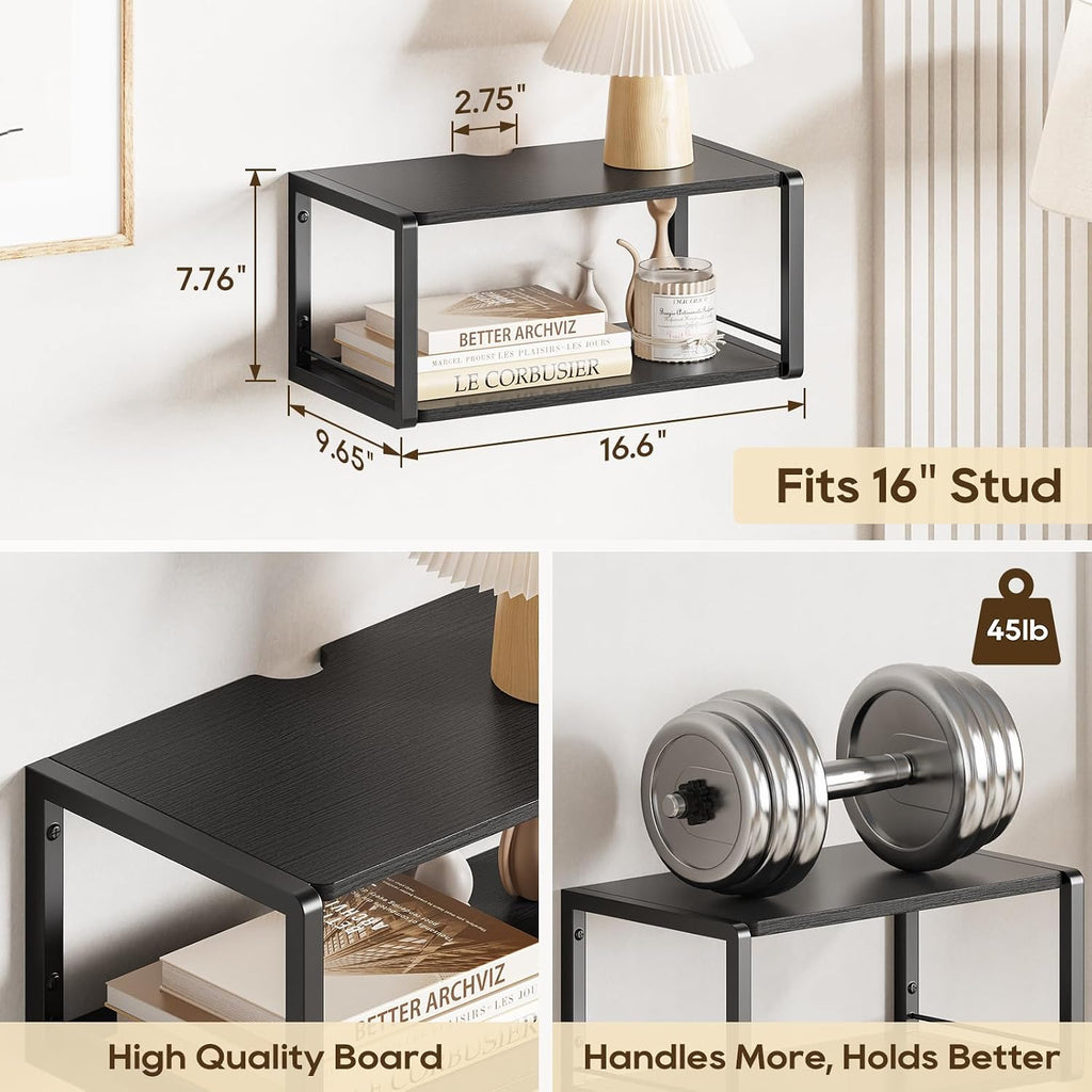 Floating Nightstand, Wood Bedside Shelf Wall Mounted Nightstand with Heavy-Duty Frame, Floating Bedside Table for Bedroom, Bathroom, Kitchen, (Vintage Black, 1 Pack)