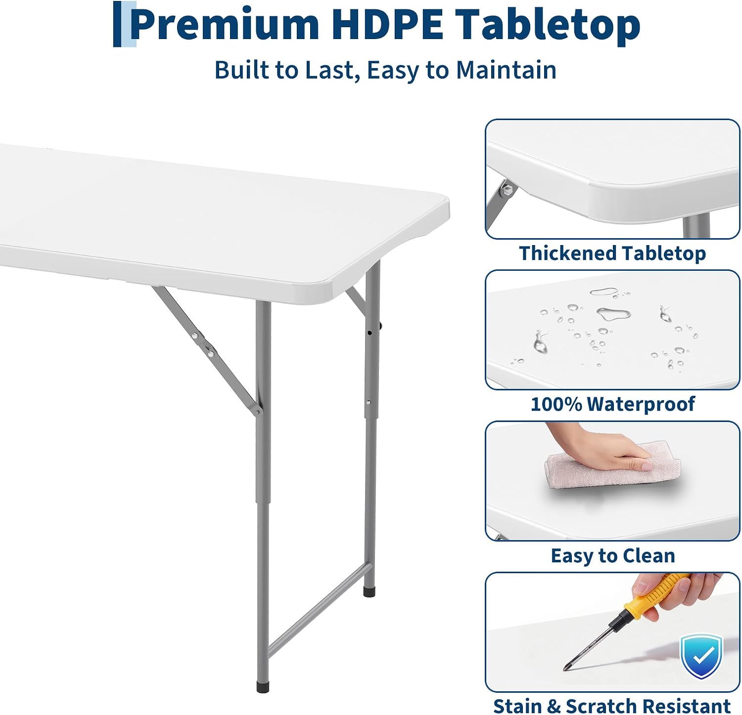 Garvee 4ft Folding Table HDPE Foldable Table with Carrying Handle 3 Adjustable Height Settings Metal Frame Support Up to 400LB Portable for Picnic Camping Party Indoor & Outdoor Use, 1 Pack White