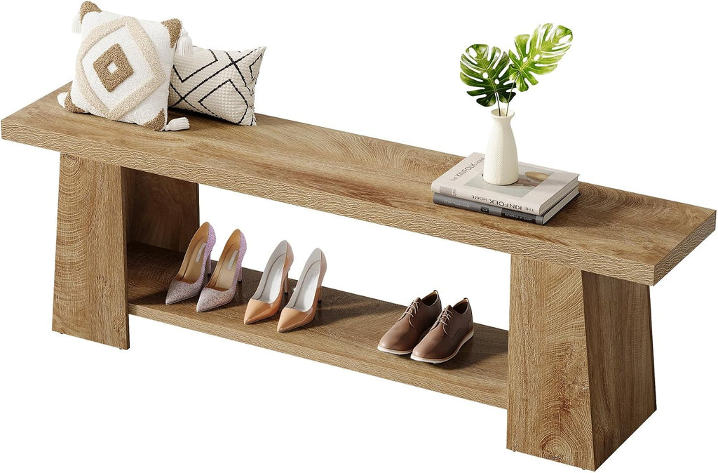 Tribesigns 2-Tier Entryway Bench, 59-Inch Extra Long Shoe Bench with Storage Shelves, Wood End of Bed Seat, Farmhouse Hallway Foyer Seat with Open Shelves for Entryway, Bedroom, Living Room, Natural