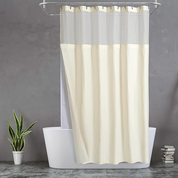 N&Y HOME Extra Long Cream Waffle Weave Shower Curtain with Snap-in Fabric Liner & Hooks Set - 71" x 84", Hotel Style & Mesh Top Window, Machine Washable - 71x84 Inches, Cream