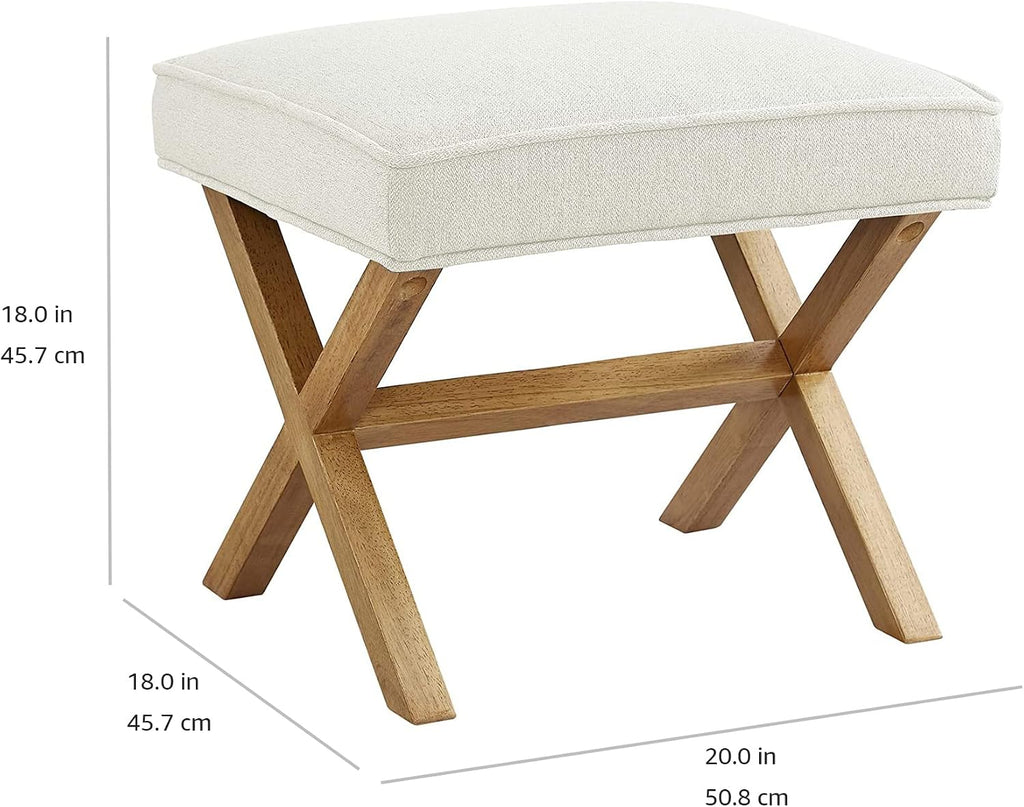 Amazon Basics Small Ottoman Foot Rest, Mid-Century Modern X Square Polyester Foot Stool, Linen, Ivory White, 18" D x 19.8" W x 18.3" H