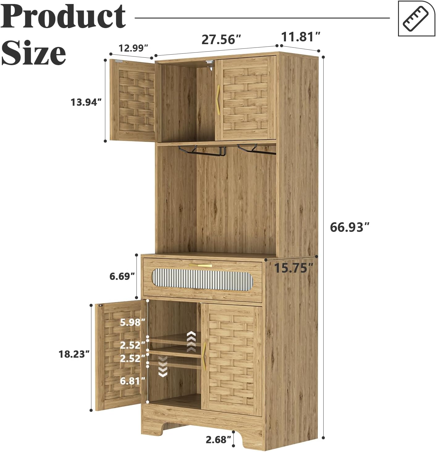 Kitchen Pantry Cabinet, Handmade Woven Wood Rustic Buffet Hutch Cabinet with Storage Drawer & Adjustable Shelf, Farmhouse Tall Cupboard Microwave Stand Coffee Bar for Kitchen, Dining Room, Living Room