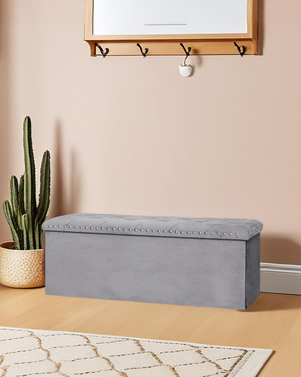 Velvet Storage Ottoman Bench, 43.3" Upholstered Tufted Ottoman with Storage, Folding Footrest Bench for Bedroom, Living Room, or Entryway, Grey