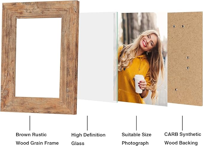 4x6 Picture Frame Set of 4, High Definition Real Glass Rustic Brown Frame, 4 x 6 Wood Photo Frames for Tabletop Display and Wall Mounting