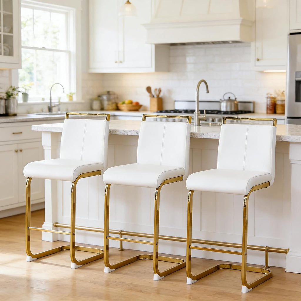 Bar Stools Set of 3,Gold Bar Stools with Back,25" White Island Chairs with Gold Chrome Plated Metal Leg,Faux Leather Counter Height Barstools for Pub Kitchen Counter