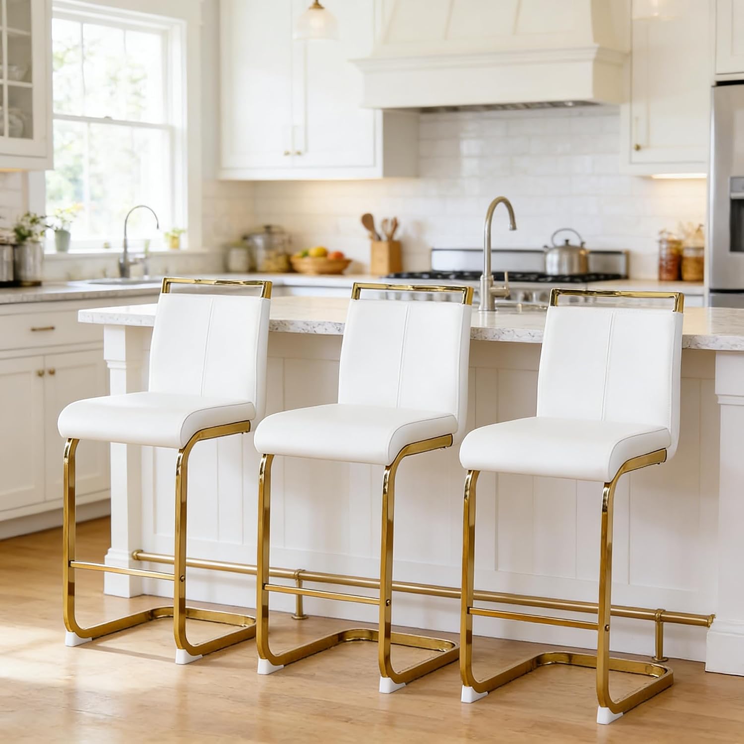 Bar Stools Set of 3,Gold Bar Stools with Back,25" White Island Chairs with Gold Chrome Plated Metal Leg,Faux Leather Counter Height Barstools for Pub Kitchen Counter