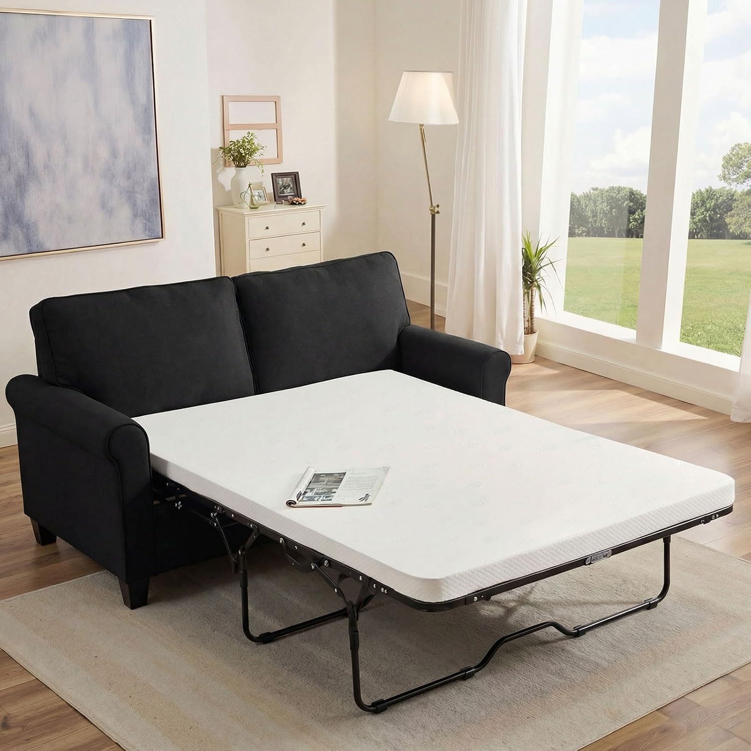 Pull Out Sofa Bed with Mattress, 57" Convertible Sofa Bed Loveseat, Twin Sleeper Sofa Couch with Pocketed Coil Seating, Upholstered Fabric Sofa Bed for Small Spaces,Black