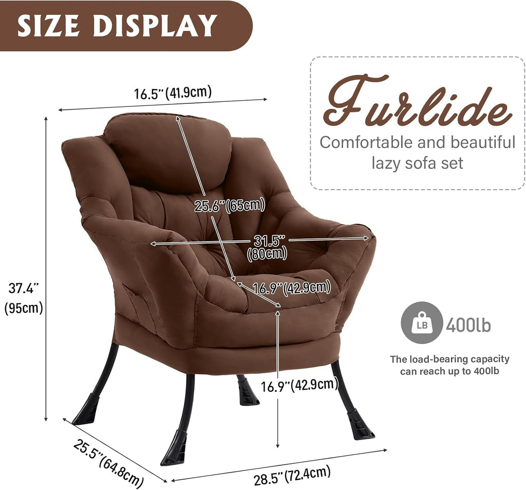 Furlide Lazy Chair for Living Room, Modern Accent Chairs with Armrests, Dark Brown Armchairs with Side Pocket, Cozy Lazy Sofa for Reading, Balcony, Bedroom, Dorm, Small Spaces