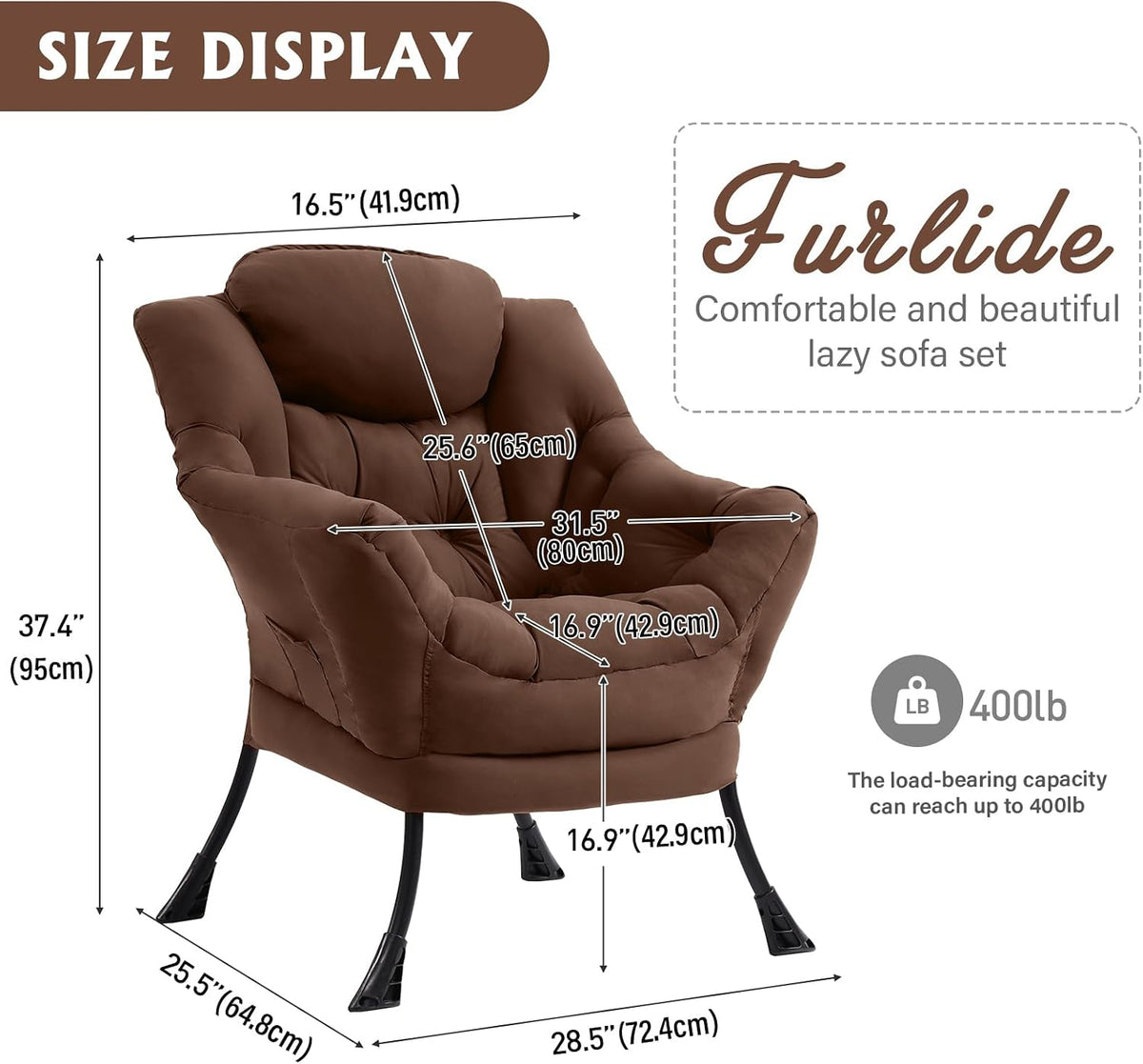 Furlide Lazy Chair for Living Room, Modern Accent Chairs with Armrests, Dark Brown Armchairs with Side Pocket, Cozy Lazy Sofa for Reading, Balcony, Bedroom, Dorm, Small Spaces