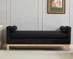 KEIKI Oversize Boucle Bench Ottoman with 2 Bolster Pillows & Wood Legs, Upholstered End of Bed Daybed Seating, Foot Rest Stool Furniture for Bedroom, Living Room, Entryway, Black Natural