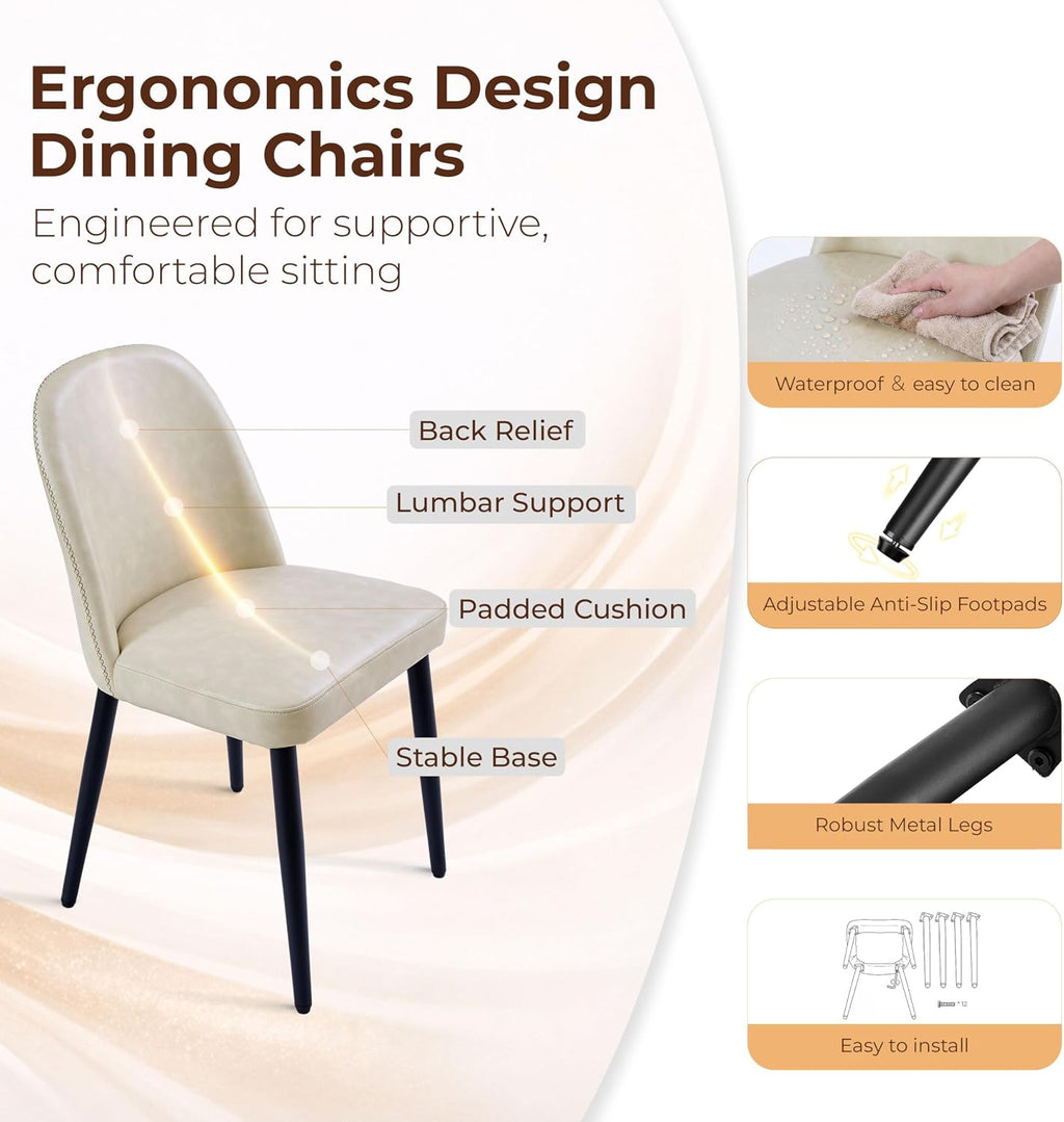 Leather Dining Chairs Set of 4, Modern Dining Room Chairs with Curved Backrest and Metal Legs Chenille Upholstered Fabric Kitchen Side Chair for Living Room, Restaurant, Cafe, Comedor, Leather, Beige
