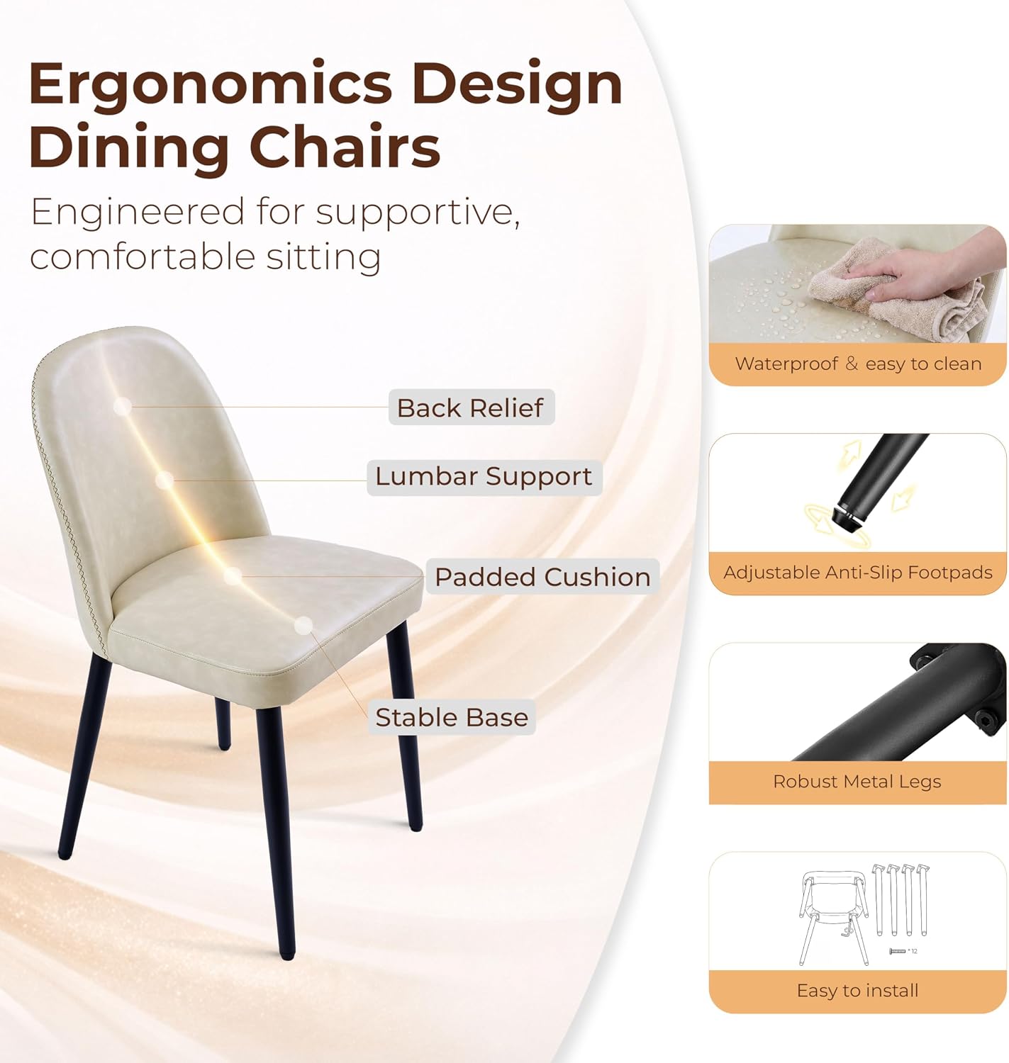 Leather Dining Chairs Set of 4, Modern Dining Room Chairs with Curved Backrest and Metal Legs Chenille Upholstered Fabric Kitchen Side Chair for Living Room, Restaurant, Cafe, Comedor, Leather, Beige