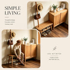 Solid Oak Coat Rack with Bench, 2-in-1 Shoe Bench and Coat Rack, Narrow Wooden Entryway Organizer with Hooks for Hallway, Foyer, Bedroom, Natural Oak Finish