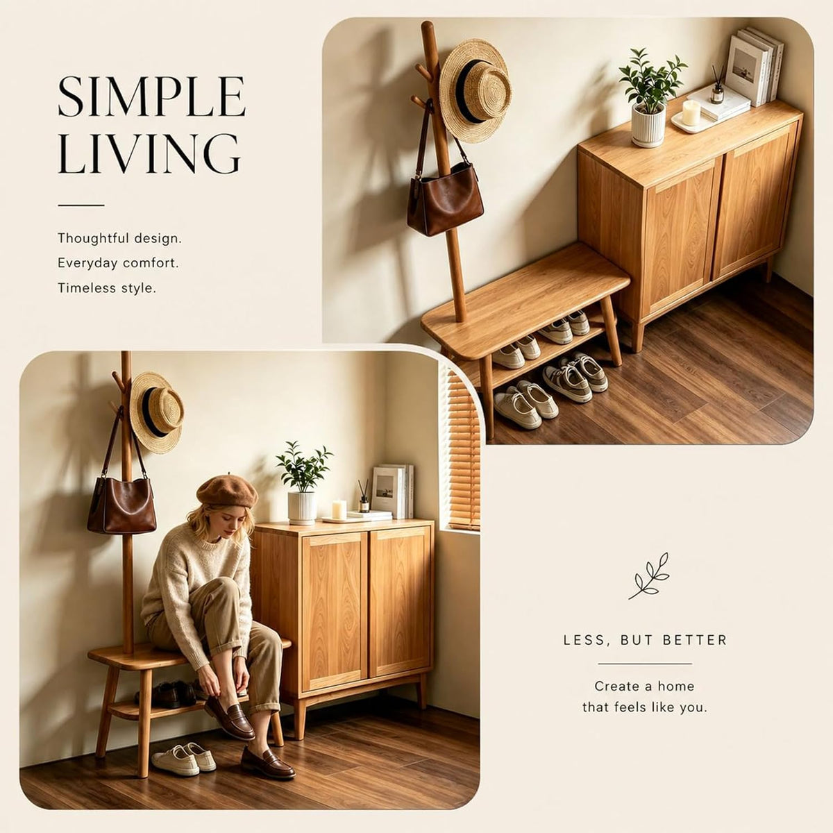 Solid Oak Coat Rack with Bench, 2-in-1 Shoe Bench and Coat Rack, Narrow Wooden Entryway Organizer with Hooks for Hallway, Foyer, Bedroom, Natural Oak Finish