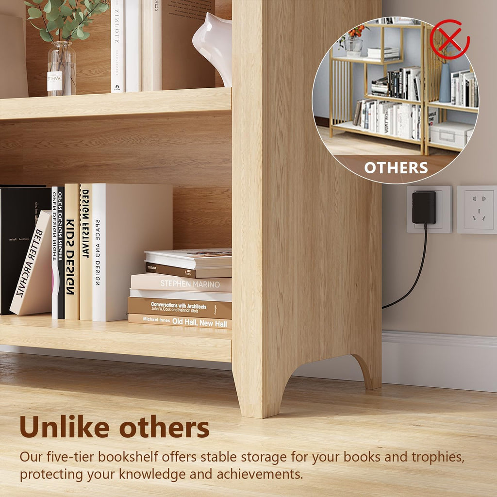 Arched Bookshelf with 5 Tiers and 3-Color LED Sensor Lights - Wood
