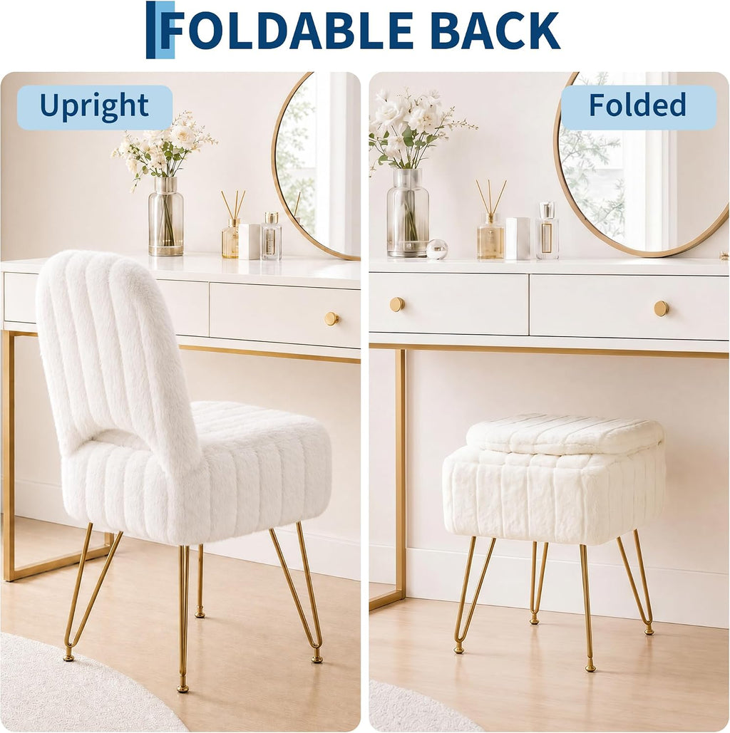 Garvee Vanity Stool Chair with Backrest & Storage,Faux Fur,White,Small | Hidden Storage Compartment, 280 Lbs Capacity, Soft Square Ottoman, Modern Style for Bedroom or Living Room