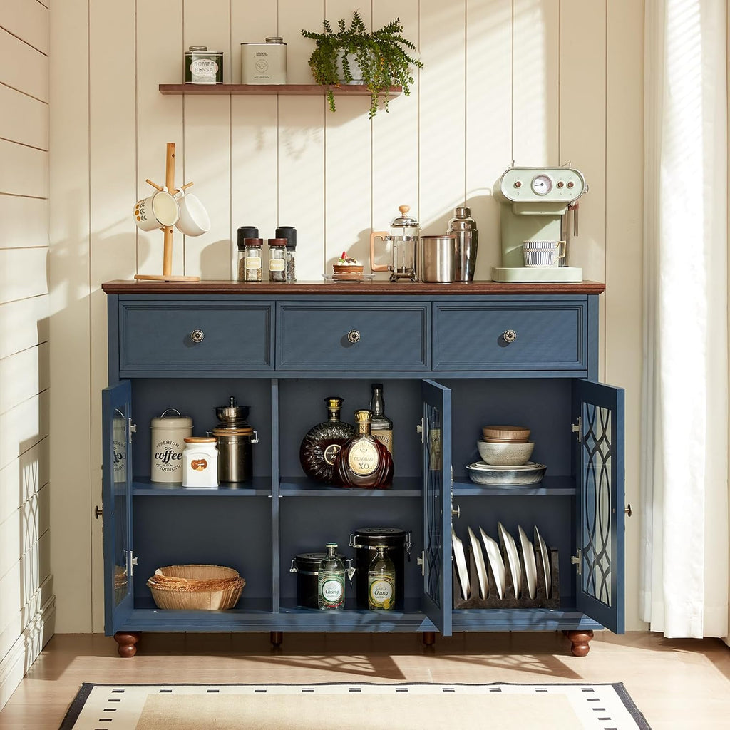 Joaxswe Farmhouse Sideboard Buffet Cabinet with Storage,48" Large Credenza with 3 Glass Doors & 3 Drawers,Adjustable Shelves Console Table,Wood Kitchen Coffee Bar for Dining Room,Living Room,Navy Blue