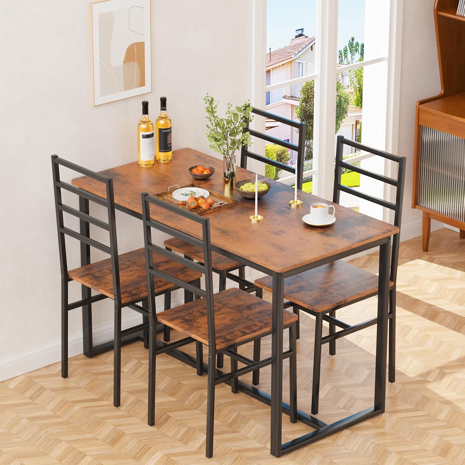 Kitchen Dining Table Set for 4, 5-Piece Kitchen Table and Chairs, Base Reinforcement Structure Dining Room Table Sets, Dining Table with 4 Chairs for Small Space, Dinette, Apartment