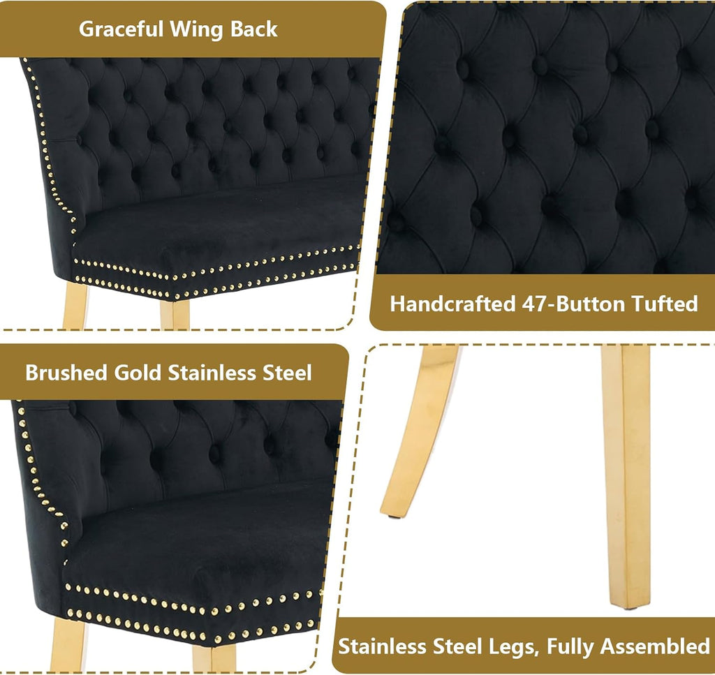 Velvet Dining Loveseat Bench with Wing Back, 2-Seat Tufted Bench with Gold Stainless Steel Legs, Mid-Century Modern Dining Bench with Back, Indoor Velvet Bench for Kitchen, Dining Room, Entryway