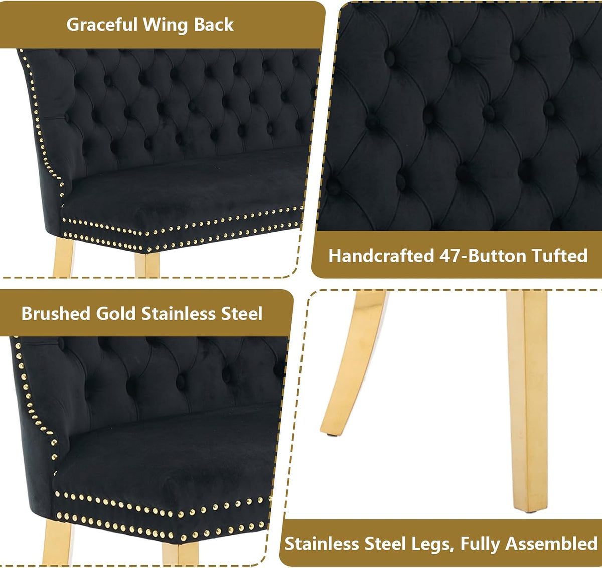 Velvet Dining Loveseat Bench with Wing Back, 2-Seat Tufted Bench with Gold Stainless Steel Legs, Mid-Century Modern Dining Bench with Back, Indoor Velvet Bench for Kitchen, Dining Room, Entryway