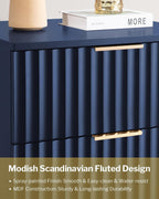 SICOTAS Night Stand Set 2, Fluted Glossy Nightstands Set of 2 with Drawers | Wide Modern Blue Storage Bedside Table for Bedroom, End Side Table with Golden Metal Legs and Handles, 2 Pieces