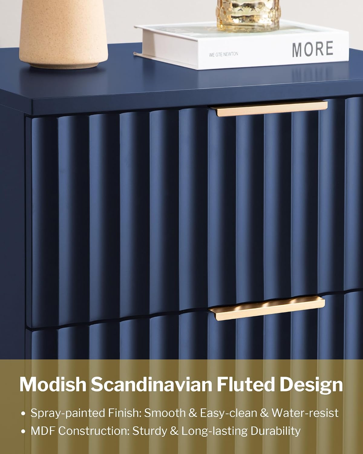 SICOTAS Night Stand Set 2, Fluted Glossy Nightstands Set of 2 with Drawers | Wide Modern Blue Storage Bedside Table for Bedroom, End Side Table with Golden Metal Legs and Handles, 2 Pieces