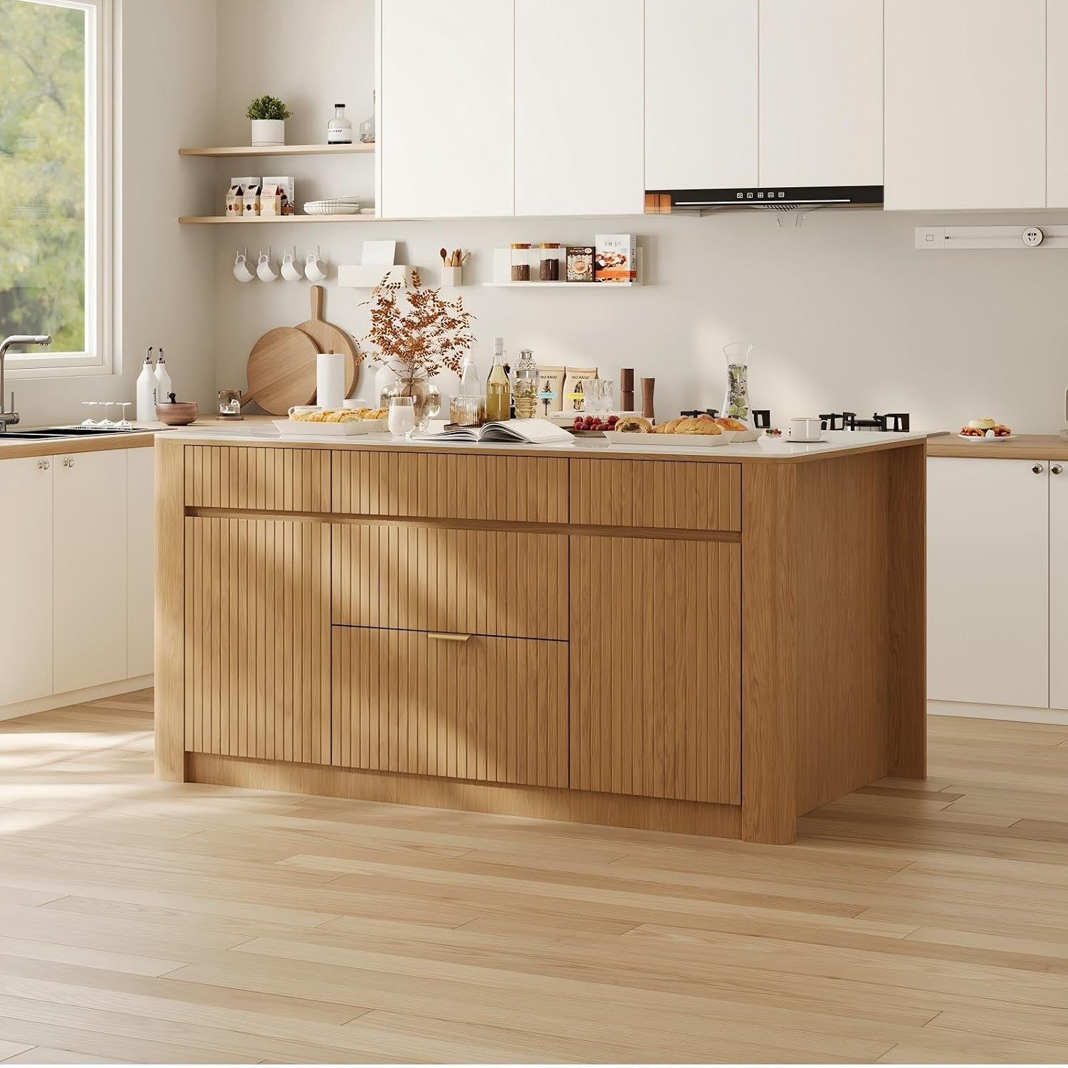 homary Kitchen Island with Storage with Sintered Stone Top, Solid Rubberwood Base with Ash Veneer, 72" Large Stationary Kitchen Cabinet with 5 Drawers, Trash Storage & Shelves, Modern Fluted Design