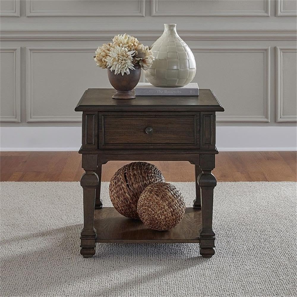 Pemberly Row 3-Piece Cocktail Table Set, Rubberwood and Hickory Veneers, Chateau Brown Finish, Includes 1 Cocktail Table with Casters and 2 End Tables, Bottom Shelves and Drawer, Living Room Furniture