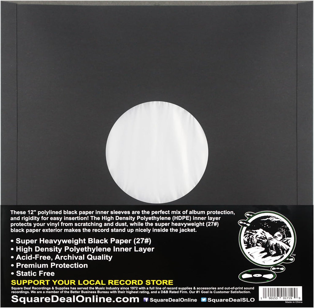 12" Premium Black Polylined Record Inner Sleeves - Archival Quality, Heavyweight Paper & Plastic #12IABK (250)
