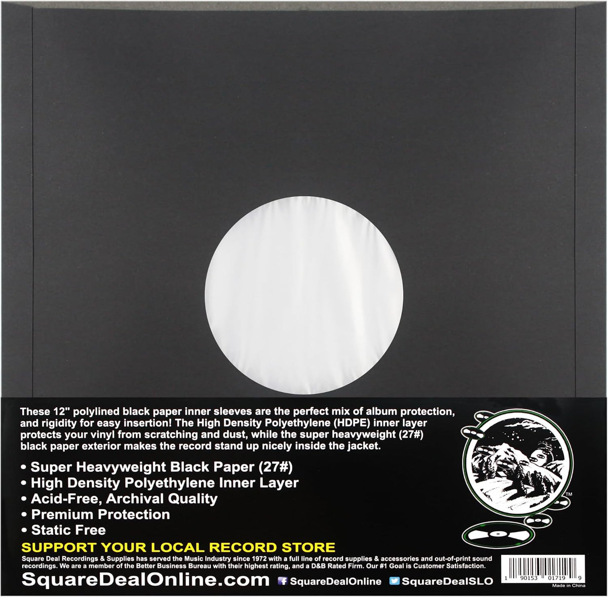 12" Premium Black Polylined Record Inner Sleeves - Archival Quality, Heavyweight Paper & Plastic #12IABK (250)