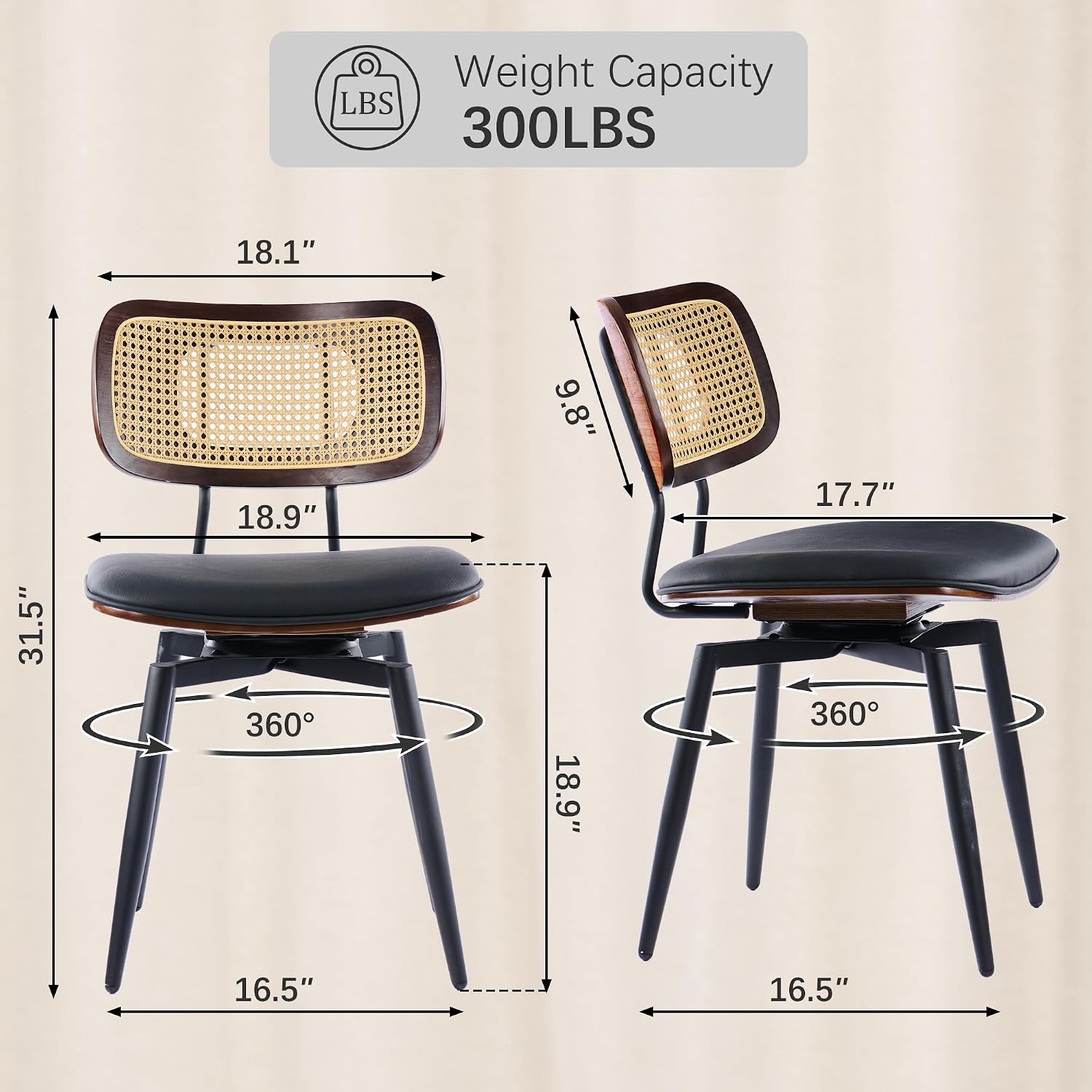 Dining Chairs, Swivel Dining Chairs Set of 6, Faux Leather & Rattan Walnut Dining Room Chairs, Bentwood & Metal Frame Upholstered Chairs with 360°Rotation, Modern Kitchen/Living Room Chair (Black)