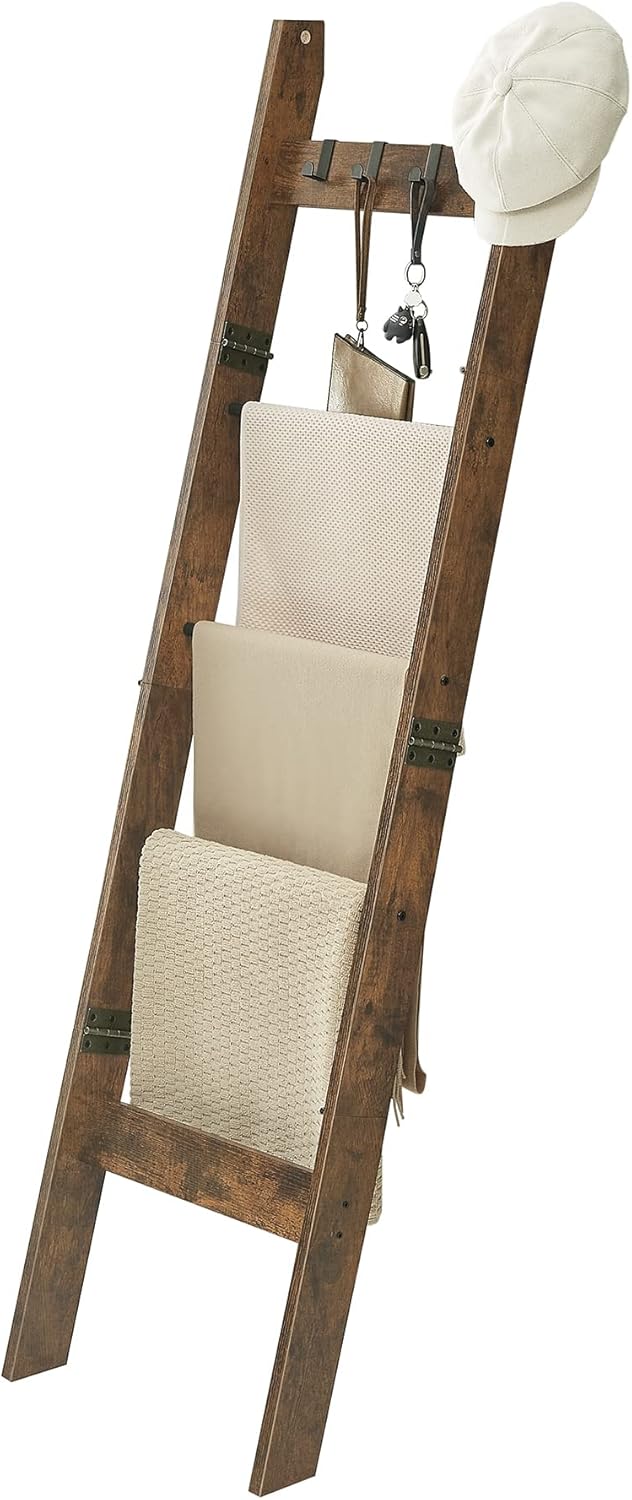 Hzuaneri Blanket Ladder for Living Room, Decorative Quilt Rack with 4 Removable Hooks, 5-Tier Farmhouse Ladder Holder Shelf Organizer for Bedroom, Rustic Brown and Black 02101BBR