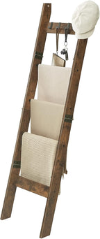 Hzuaneri Blanket Ladder for Living Room, Decorative Quilt Rack with 4 Removable Hooks, 5-Tier Farmhouse Ladder Holder Shelf Organizer for Bedroom, Rustic Brown and Black 02101BBR