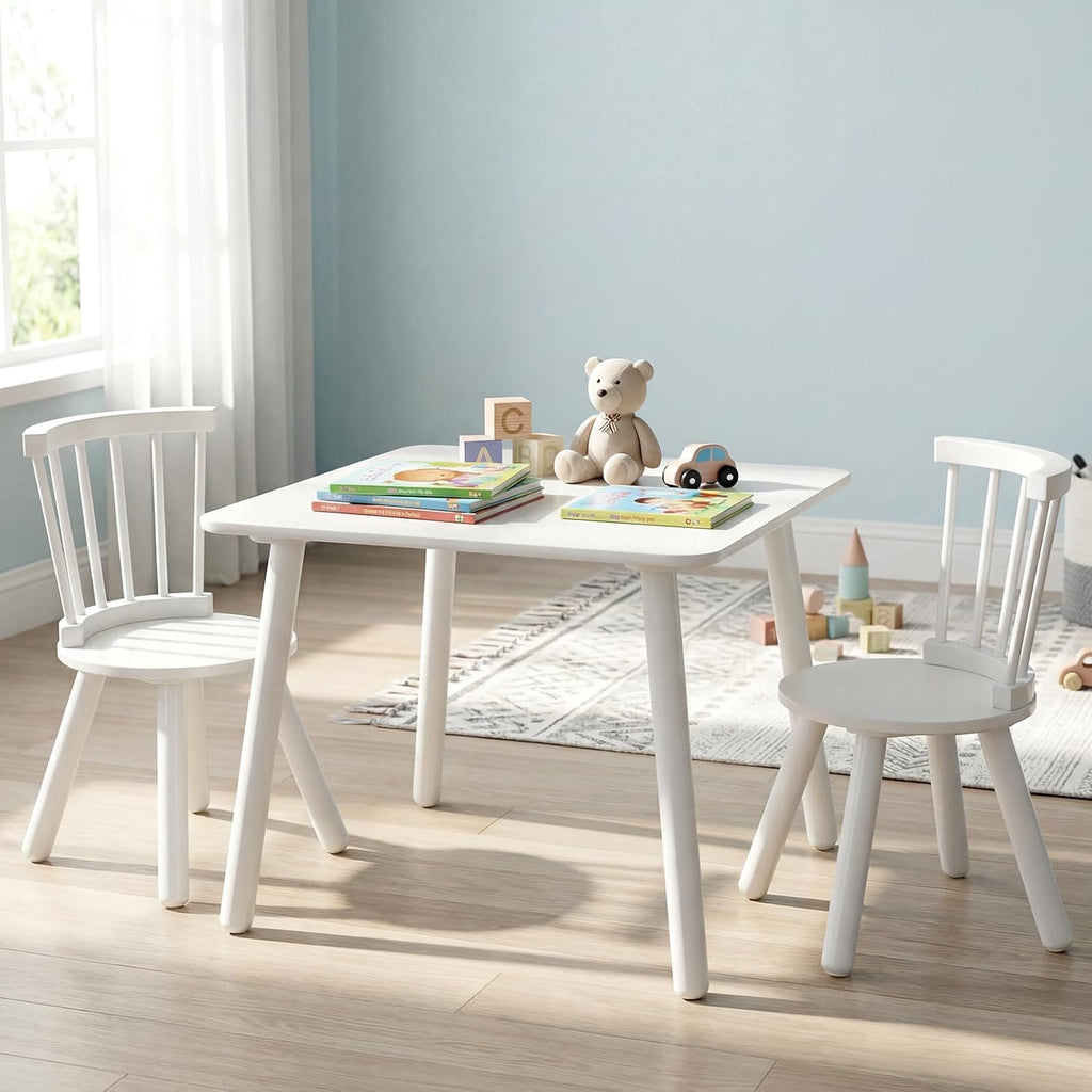 GLACER Kids Table and Chairs, 3-Piece Wooden Activity Table and Chair Set with Pine Legs & Windsor Back for Play, Reading & Learning, Playroom Nursery Furniture for Boys and Girls Ages 3+ (White)