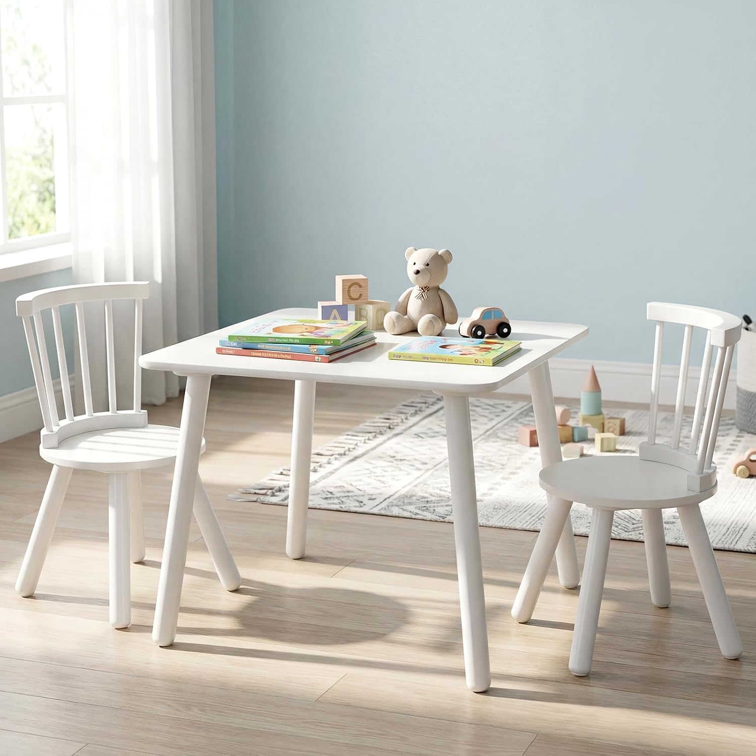 GLACER Kids Table and Chairs, 3-Piece Wooden Activity Table and Chair Set with Pine Legs & Windsor Back for Play, Reading & Learning, Playroom Nursery Furniture for Boys and Girls Ages 3+ (White)
