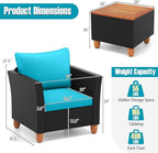 Tangkula 3 Pieces Patio Porch Furniture Set, PE Rattan Wicker Chair Conversation Set with Cushions and Storage Table, Outdoor Acacia Wood Bistro Set for Garden, Poolside (Turquoise)