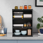 3 Tier Kitchen Pantry Storage Cabinet with with 2 Sliding Striped Glass Doors Console Dining Cupboard Modern Freestanding Bamboo Sideboard for Dining Room Kitchen Black (20.5x9.8x27.5inch)